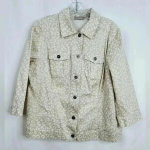 Chico’s Women’s Crop Ivory Leopard Print 3/4 Sleeve Light Jacket Cotton Size 2